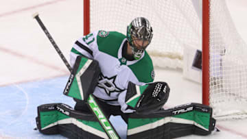 Dec 13, 2022; Newark, New Jersey, USA; Dallas Stars goaltender Scott Wedgewood (41) makes a save against the New Jersey Devils during the third period at Prudential Center. Mandatory Credit: Ed Mulholland-USA TODAY Sports