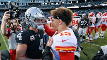 Kansas City Chiefs quarterback Patrick Mahomes and Oakland Raiders quarterback Derek Carr meet after the Chiefs' 40-33 win on Sunday, Dec. 2, 2018 at Oakland-Alameda County Coliseum in Oakland, Calif. (John Sleezer/Kansas City Star/TNS via Getty Images)