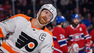 MONTREAL, QC - FEBRUARY 21: Philadelphia Flyers center Claude Giroux (28) looks on during the first period of the NHL game between the Philadelphia Flyers and the Montreal Canadiens on february 21, 2019, at the Bell Centre in Montreal, QC(Photo by Vincent Ethier/Icon Sportswire via Getty Images)