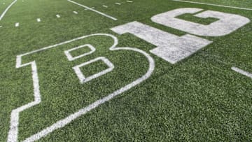 Oct 25, 2014; Madison, WI, USA; The Big 10 logo on the field at Camp Randall Stadium following the game between the Maryland Terrapins and Wisconsin Badgers. Wisconsin won 52-7. Mandatory Credit: Jeff Hanisch-USA TODAY Sports
