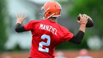 May 28, 2014; Berea, OH, USA; Cleveland Browns quarterback Johnny Manziel (2) throws a pass during organized team activities at Cleveland Browns training facility. Mandatory Credit: Andrew Weber-USA TODAY Sports