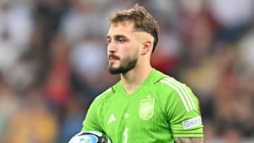 BATUMI, GEORGIA - JULY 8: Spain goalkeeper Arnau Tenas holds the ball during the UEFA Under-21 Euro 2023 final match between England and Spain at Batumi Arena on July 8, 2023 in Batumi, Georgia. (Photo by Lasha Kuprashvili/MB Media/Getty Images)
