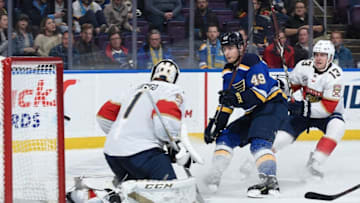 ST. LOUIS, MO - DECEMBER 11: Roberto Luongo #1 and Mark Pysyk #13 of the Florida Panthers defend the net against Ivan Barbashev #49 of the St. Louis Blues at Enterprise Center on December 11, 2018 in St. Louis, Missouri. (Photo by Joe Puetz/NHLI via Getty Images)