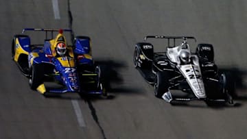 FORT WORTH, TX - JUNE 09: Simon Pagenaud, driver of the #22 DXC Technology Team Penske Chevrolet, and Alexander Rossi, driver of the #27 NAPA Auto Parts Honda (Photo by Brian Lawdermilk/Getty Images)