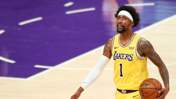 LOS ANGELES, CALIFORNIA - FEBRUARY 20: Kentavious Caldwell-Pope #1 of the Los Angeles Lakers looks on during the game against the Miami Heat at Staples Center on February 20, 2021 in Los Angeles, California. NOTE TO USER: User expressly acknowledges and agrees that, by downloading and or using this photograph, User is consenting to the terms and conditions of the Getty Images License Agreement. (Photo by Meg Oliphant/Getty Images)