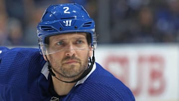 TORONTO, ON - APRIL 19: Ron Hainsey #2 of the Toronto Maple Leafs gets set for third period action against the Boston Bruins in Game Four of the Eastern Conference First Round in the 2018 Stanley Cup play-offs at the Air Canada Centre on April 19, 2018 in Toronto, Ontario, Canada. The Bruins defeated the Maple Leafs 3-1. (Photo by Claus Andersen/Getty Images) *** Local Caption *** Ron Hainsey