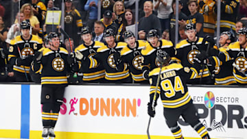 BOSTON, MASSACHUSETTS - SEPTEMBER 23: Jakub Lauko #94 of the Boston Bruins celebrates with teammates after scoring a goal during the first period of the preseason game between the Philadelphia Flyers and the Boston Bruins at TD Garden on September 23, 2019 in Boston, Massachusetts. (Photo by Maddie Meyer/Getty Images)