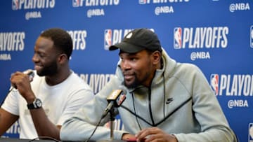 SAN ANTONIO, TX - APRIL 22: Kevin Durant #35 of the Golden State Warriors speaks to the media after Game Four of the Western Conference Quarterfinals against the San Antonio Spurs during the 2018 NBA Playoffs on April 22, 2018 at the AT&T Center in San Antonio, Texas. NOTE TO USER: User expressly acknowledges and agrees that, by downloading and/or using this photograph, user is consenting to the terms and conditions of the Getty Images License Agreement. Mandatory Copyright Notice: Copyright 2018 NBAE (Photos by Mark Sobhani/NBAE via Getty Images)