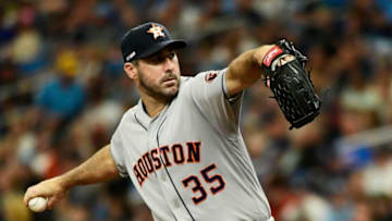 ST PETERSBURG, FLORIDA - MARCH 28: Justin Verlander #35 of the Houston Astros throws his first pitch of the season to Austin Meadows #17 of the Tampa Bay Rays During Opening Day at Tropicana Field on March 28, 2019 in St Petersburg, Florida. (Photo by Julio Aguilar/Getty Images)