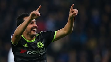 LEICESTER, ENGLAND - JANUARY 14: Pedro of Chelsea celebrates after scoring a goal to make it 0-3 during the Premier League match between Leicester City and Chelsea at The King Power Stadium on January 14, 2017 in Leicester, England. (Photo by Robbie Jay Barratt - AMA/Getty Images)