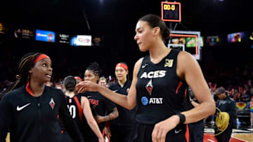 LAS VEGAS, NV - JUNE 29: Sugar Rodgers #14 high-fives Liz Cambage #8 of Las Vegas Aces after the game against the Indiana Fever on June 29, 2019 at the Mandalay Bay Events Center in Las Vegas, Nevada. NOTE TO USER: User expressly acknowledges and agrees that, by downloading and or using this photograph, User is consenting to the terms and conditions of the Getty Images License Agreement. Mandatory Copyright Notice: Copyright 2019 NBAE (Photo by David Becker/NBAE via Getty Images)
