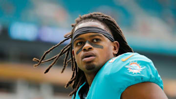 MIAMI, FLORIDA - NOVEMBER 17: Bobby McCain #28 of the Miami Dolphins looks on prior to the game against the Buffalo Bills at Hard Rock Stadium on November 17, 2019 in Miami, Florida. (Photo by Michael Reaves/Getty Images)