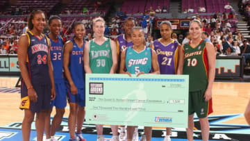 NEW YORK - JULY 11: Tamika Catchings, Swin Cash, Deanna Nolan, Katie Smith, Nikki Teasley, Dawn Staley, Tamecka Dixon and Sue Bird poses with the check for the Susan G. Komen Breast Cancer Foundation at the 2003 WNBA All-Star Skills Competition on July 11, 2003 at Madison Square Garden in New York City. NOTE TO USER: User expressly acknowledges and agrees that, by downloading and/or using this Photograph, User is consenting to the terms and conditions of the Getty Images License Agreement. (Photo by Nathaniel S. Butler/WNBAE via Getty Images)