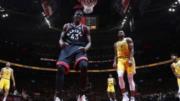 TORONTO, CANADA - NOVEMBER 29: Pascal Siakam #43 of the Toronto Raptors reacts to a play during the game against the Golden State Warriors on November 29, 2018 at Scotiabank Arena in Toronto, Ontario, Canada. NOTE TO USER: User expressly acknowledges and agrees that, by downloading and/or using this photograph, user is consenting to the terms and conditions of the Getty Images License Agreement. Mandatory Copyright Notice: Copyright 2018 NBAE (Photo by Mark Blinch/NBAE via Getty Images)
