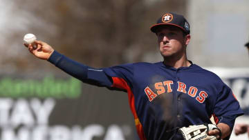 Mar 7, 2016; Tampa, FL, USA; Houston Astros shortstop Alex Bregman (82) throws to first base for the out against the New York Yankees during the third inning at George M. Steinbrenner Field. Mandatory Credit: Butch Dill-USA TODAY Sports