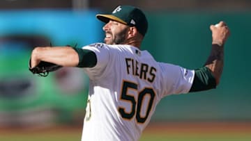 OAKLAND, CA - AUGUST 03: Mike Fiers #50 of the Oakland Athletics pitches against the St. Louis Cardinals in the top of the first inning at Ring Central Coliseum on August 3, 2019 in Oakland, California. (Photo by Thearon W. Henderson/Getty Images)