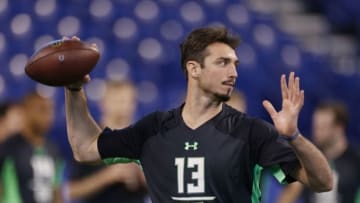 Feb 27, 2016; Indianapolis, IN, USA; Memphis Tigers quarterback Paxton Lynch throws a pass during the 2016 NFL Scouting Combine at Lucas Oil Stadium. Mandatory Credit: Brian Spurlock-USA TODAY Sports