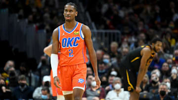 Shai Gilgeous-Alexander #2 of the Oklahoma City Thunder reacts during the second half against the Cleveland Cavaliers at Rocket Mortgage Fieldhouse on January 22, 2022 in Cleveland, Ohio. The Cavaliers defeated the Thunder 94-87. NOTE TO USER: User expressly acknowledges and agrees that, by downloading and/or using this photograph, user is consenting to the terms and conditions of the Getty Images License Agreement. (Photo by Jason Miller/Getty Images)