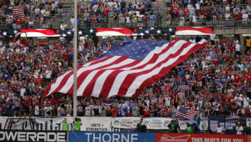 EAST HARTFORD, CT - JULY 01: Giant US flag in the supporter's section during an international friendly between the United States and Ghana on July 1, 2017, at Pratt