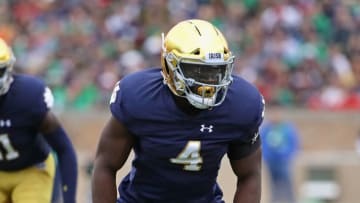 SOUTH BEND, IN - SEPTEMBER 08: Te'von Coney #4 of the Notre Dame Fighting Irish awaits the snap against the Ball State Cardinals at Notre Dame Stadium on September 8, 2018 in South Bend, Indiana. Notre Dame defeated Ball State 24-16. (Photo by Jonathan Daniel/Getty Images)