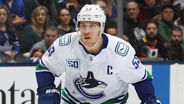 TORONTO, ON - FEBRUARY 29: Bo Horvat #53 of the Vancouver Canucks skates against the Toronto Maple Leafs during an NHL game at Scotiabank Arena on February 29, 2020 in Toronto, Ontario, Canada. The Maple Leafs defeated the Canucks 4-2. (Photo by Claus Andersen/Getty Images)