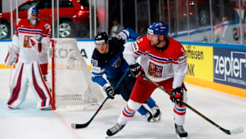 Czech Republic's Jakub Jerabek controls the puck during the IIHF Men's World Championship group B ice hockey match between Finland and Czech Republic in Paris on May 8, 2017. / AFP PHOTO / THOMAS SAMSON (Photo credit should read THOMAS SAMSON/AFP/Getty Images)