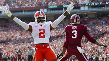 Nov 28, 2015; Columbia, SC, USA; Clemson Tigers cornerback Mackensie Alexander (2) blocks the pass intended for South Carolina Gamecocks wide receiver D.J. Neal (3) during the first half at Williams-Brice Stadium. Mandatory Credit: Joshua S. Kelly-USA TODAY Sports