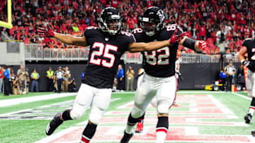 ATLANTA, GA - SEPTEMBER 30: Ito Smith #25 of the Atlanta Falcons celebrates a touchdown during the first quarter against the Cincinnati Bengals at Mercedes-Benz Stadium on September 30, 2018 in Atlanta, Georgia. (Photo by Scott Cunningham/Getty Images)