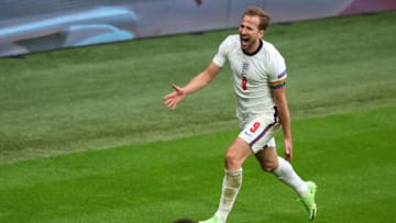 LONDON, ENGLAND - JUNE 29: Harry Kane of England celebrates after scoring a goal to make it 2-0 during the UEFA Euro 2020 Championship Round of 16 match between England and Germany at Wembley Stadium on June 29, 2021 in London, United Kingdom. (Photo by Robbie Jay Barratt - AMA/Getty Images)