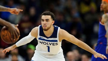 MINNEAPOLIS, MN - JANUARY 12: Tyus Jones #1 of the Minnesota Timberwolves defends against the New York Knicks during the game on January 12, 2018 at the Target Center in Minneapolis, Minnesota. NOTE TO USER: User expressly acknowledges and agrees that, by downloading and or using this Photograph, user is consenting to the terms and conditions of the Getty Images License Agreement. (Photo by Hannah Foslien/Getty Images)