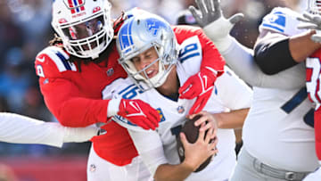 FOXBOROUGH, MA - OCTOBER 9, 2022: Matthew Judon #9 of the New England Patriots sacks Jared Goff #16 of the Detroit Lions during the game at Gillette Stadium on October 9, 2022 in Foxborough, Massachusetts. (Photo by Kathryn Riley/Getty Images)