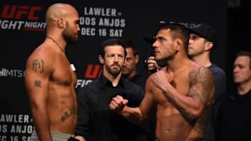 WINNIPEG, CANADA - DECEMBER 15: (L-R) Robbie Lawler and Rafael Dos Anjos face off during the UFC Fight Night weigh-in on December 15, 2017 in Winnipeg, Canada. (Photo by Josh Hedges/Zuffa LLC/Zuffa LLC via Getty Images)