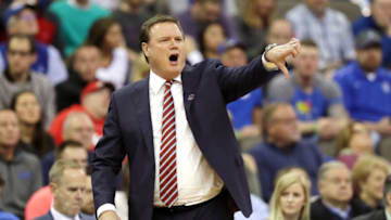OMAHA, NE - MARCH 23: Head coach Bill Self of the Kansas Jayhawks reacts against the Clemson Tigers during the first half in the 2018 NCAA Men's Basketball Tournament Midwest Regional at CenturyLink Center on March 23, 2018 in Omaha, Nebraska. (Photo by Streeter Lecka/Getty Images)