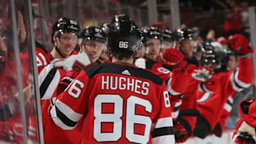 NEWARK, NEW JERSEY - SEPTEMBER 16: Jack Hughes #86 of the New Jersey Devils celebrates his first goal of preseason on the powerplay at 12:05 of the second period against the Boston Bruins at the Prudential Center on September 16, 2019 in Newark, New Jersey. (Photo by Bruce Bennett/Getty Images)