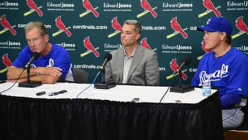 May 30, 2013; St. Louis, MO, USA; Kansas City Royals interim hitting coach George Brett (left), general manager Dayton Moore (center) and head coach Ned Yost (right) talk with the media during a press conference to announce Brett as the interim hitting coach before a game against the St. Louis Cardinals at Busch Stadium. Mandatory Credit: Jeff Curry-USA TODAY Sports