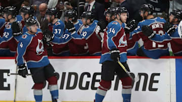 DENVER, CO - APRIL 16: Tyson Barrie #4 and Carl Soderberg #34 of the Colorado Rockies celebrate their first goal against the Nashville Predators in Game Three of the Western Conference First Round during the 2018 NHL Stanley Cup Playoffs at the Pepsi Center on April 16, 2018 in Denver, Colorado. (Photo by Matthew Stockman/Getty Images)