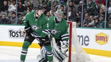Jan 4, 2017; Dallas, TX, USA; Dallas Stars defenseman Esa Lindell (23) and goalie Kari Lehtonen (32) face the Montreal Canadiens attack during the second period at the American Airlines Center. Mandatory Credit: Jerome Miron-USA TODAY Sports