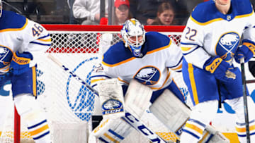 NEWARK, NEW JERSEY - APRIL 11: Devon Levi #27 of the Buffalo Sabres against the New Jersey Devils at the Prudential Center on April 11, 2023 in Newark, New Jersey. (Photo by Bruce Bennett/Getty Images)