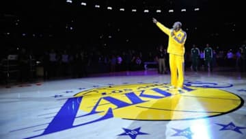 February 20, 2013; Los Angeles, CA, USA; Los Angeles Lakers shooting guard Kobe Bryant (24) speaks about recently deceased owner Jerry Buss before playing against the Boston Celtics at Staples Center. Mandatory Credit: Gary A. Vasquez-USA TODAY Sports