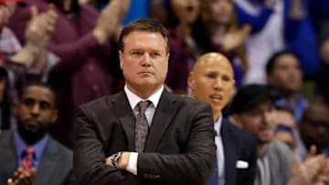 LAWRENCE, KS - JANUARY 14: Head coach Bill Self of the Kansas Jayhawks reacts from the bench during the game against the Oklahoma State Cowboys at Allen Fieldhouse on January 14, 2017 in Lawrence, Kansas. (Photo by Jamie Squire/Getty Images)