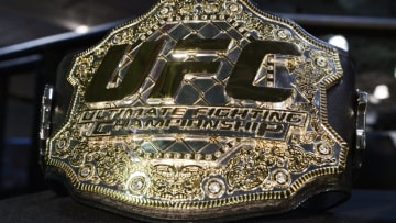 TORRENCE, CA - FEBRUARY 24: UFC championship belt is on display during a news conference between UFC featherweight champion Conor McGregor and lightweight contender Nate Diaz at UFC Gym February 24, 2016, in Torrance, California. (Photo by Kevork Djansezian/Getty Images)