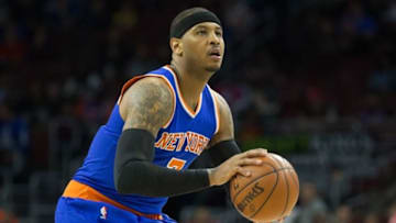 Apr 8, 2016; Philadelphia, PA, USA; New York Knicks forward Carmelo Anthony (7) shoots against the Philadelphia 76ers during the first quarter at Wells Fargo Center. Mandatory Credit: Bill Streicher-USA TODAY Sports