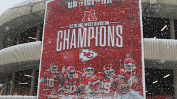 A view of a Chiefs Back to Back to Back AFC West Champions banner (Photo by Scott Winters/Icon Sportswire via Getty Images)