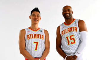Jeremy Lin #7, and Vince Carter #15 of the Atlanta Hawks (Photo by Kevin Liles/NBAE via Getty Images)