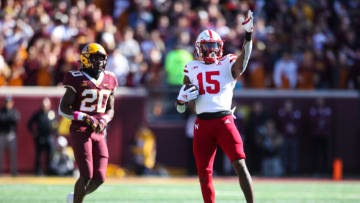 Zavier Betts #15 of the Nebraska football team celebrates after catching a pass. (Photo by David Berding/Getty Images)