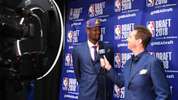BROOKLYN, NY- JUNE 21: DeAndre Ayton speaks with the media after being selected number one overall by the Phoenix Suns during the 2018 2018 NBA Draft on June 21, 2018 in Brooklyn, NY. NOTE TO USER: User expressly acknowledges and agrees that, by downloading and/or using this photograph, user is consenting to the terms and conditions of the Getty Images License Agreement. Mandatory Copyright Notice: Copyright 2018 NBAE (Photo by Mike Lawrence/NBAE via Getty Images)