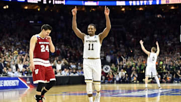 Mar 25, 2016; Philadelphia, PA, USA; Notre Dame Fighting Irish guard Demetrius Jackson (11) and Wisconsin Badgers guard Bronson Koenig (24) react after a semifinal game in the East regional of the NCAA Tournament at Wells Fargo Center. Notre Dame won 61-56. Mandatory Credit: Bob Donnan-USA TODAY Sports
