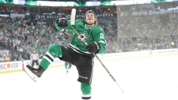 DALLAS, TX - APRIL 17: Roope Hintz #24 of the Dallas Stars celebrates a goal against the Nashville Predators in Game Four of the Western Conference First Round during the 2019 NHL Stanley Cup Playoffs at the American Airlines Center on April 17, 2019 in Dallas, Texas. (Photo by Glenn James/NHLI via Getty Images)