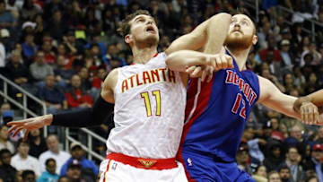 Dec 23, 2015; Atlanta, GA, USA; Atlanta Hawks center Tiago Splitter (11) boxes out Detroit Pistons center Aron Baynes (12) in the second quarter at Philips Arena. Mandatory Credit: Brett Davis-USA TODAY Sports