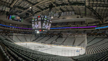 May 23, 2023; Dallas, Texas, USA; A view of the arena and the ice and rally towels before the game between the Dallas Stars and the Vegas Golden Knights in game three of the Western Conference Finals of the 2023 Stanley Cup Playoffs at American Airlines Center. Mandatory Credit: Jerome Miron-USA TODAY Sports